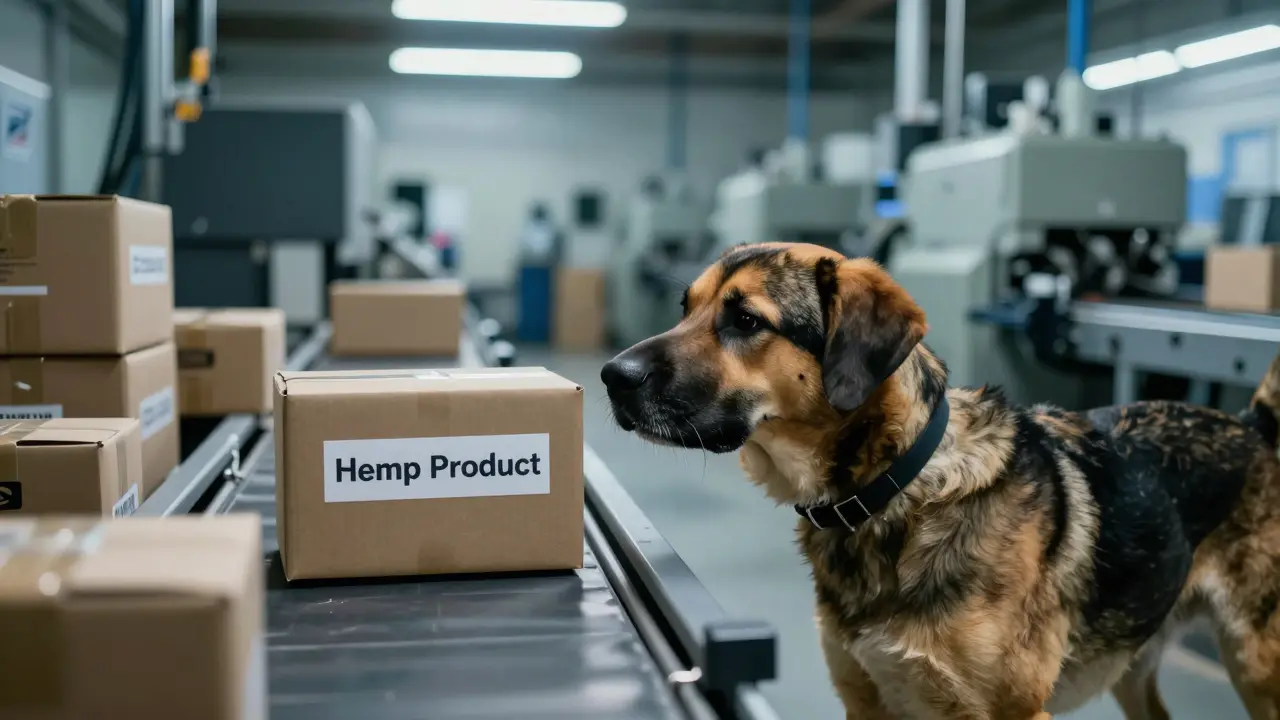 Spürhund überprüft Pakete in einer Postsortieranlage auf Geruch