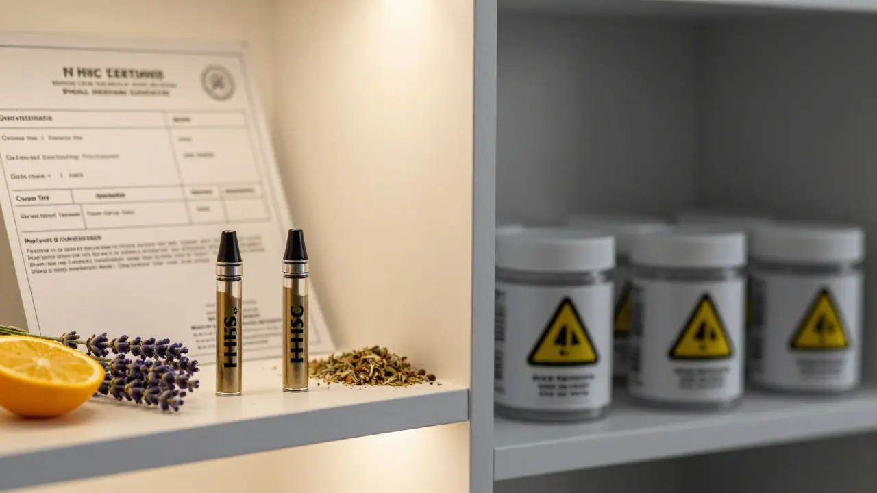 Vergleich von hochwertigen Vapes mit Laborberichten und minderwertigen Produkten im Schatten.