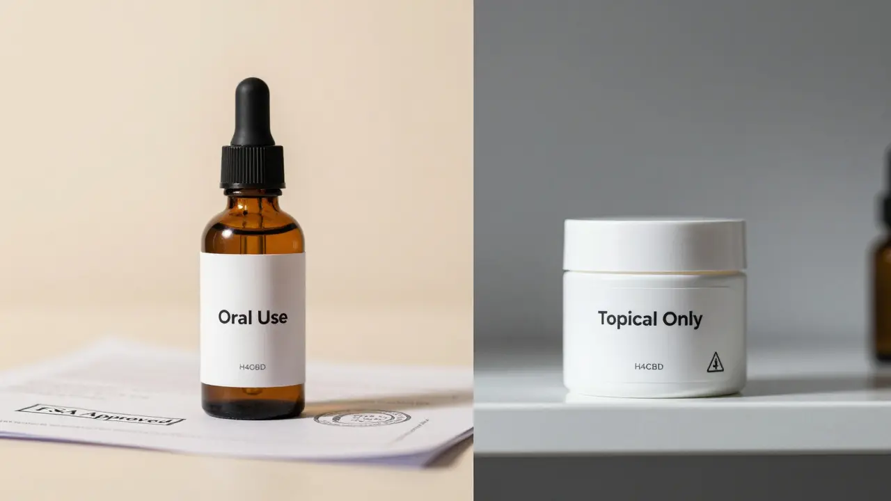 Vergleich von oralen H4CBD-Öl und topischer Creme auf einem Regal
