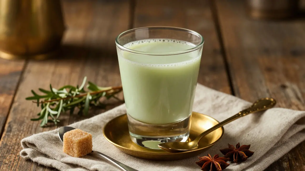 Volltrübes Glas fertiger Absinth mit Zuckerwürfel und Löffel