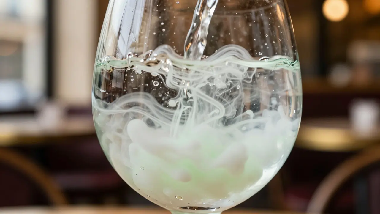 Wasser wird in Absinth gegossen, milchige Louche-Formation