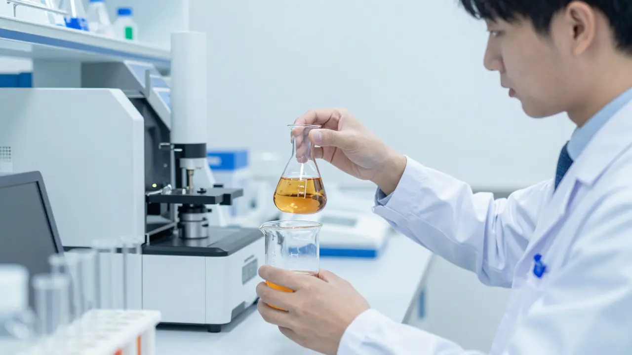 Wissenschaftler im Labor bei der präzisen chemischen Verarbeitung von Cannabinoiden