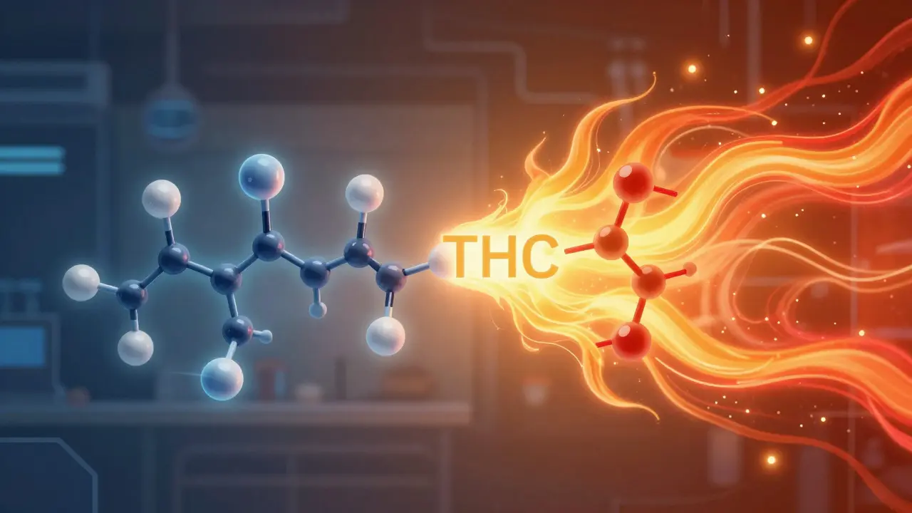 Abstrakte Darstellung der Umwandlung von THCA zu THC durch Hitze