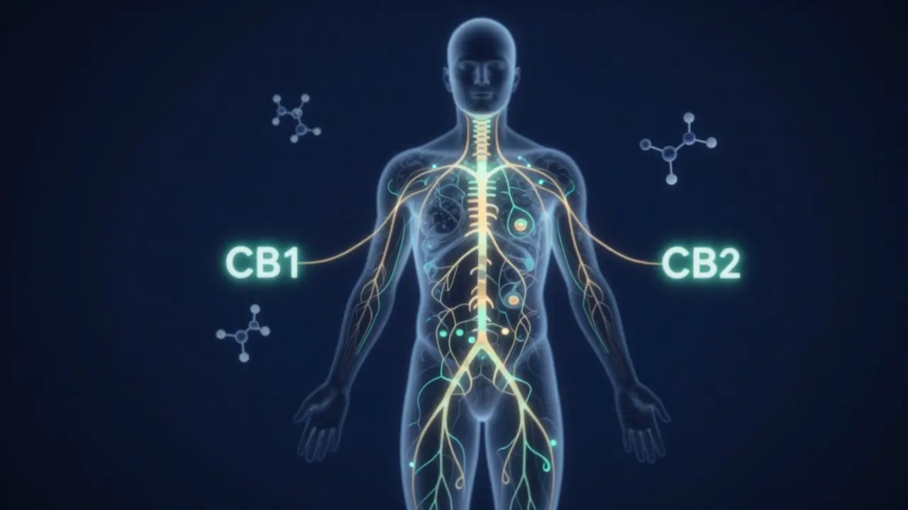 Abstrakte Darstellung des Endocannabinoid-Systems mit leuchtenden Rezeptoren