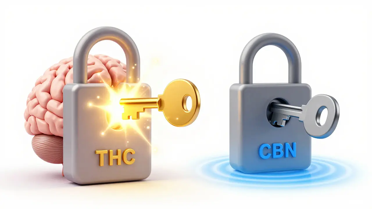 Abstrakte Darstellung: THC-Schlüssel öffnet Rezeptor stark, CBN nur schwach.