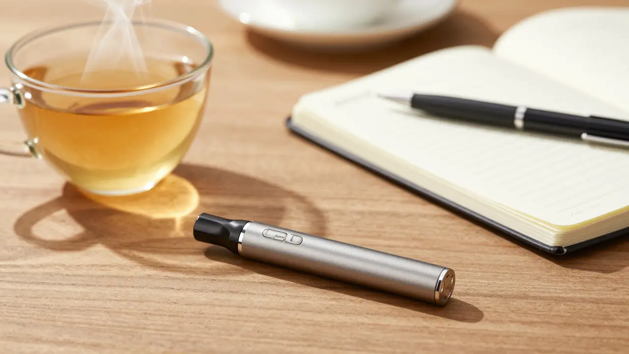 CBD-Vape-Pen neben Tee und Notizbuch auf Holztisch