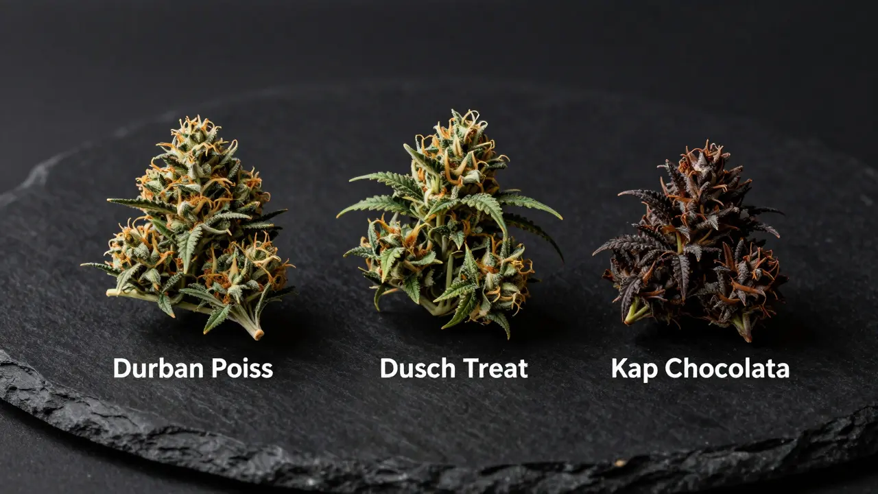 Drei verschiedene Cannabissorten auf schwarzem Stein