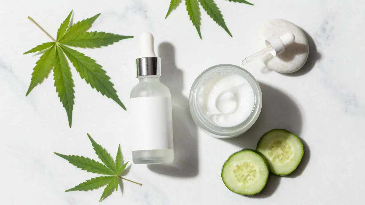 Flachlayout von CBD-Serum und Creme mit Pflanzen auf Marmoroberfläche