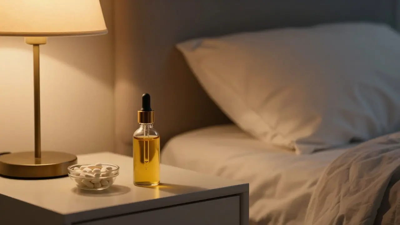 Flasche mit CBN-Öl auf Nachttisch im ruhigen Schlafzimmer bei Nachtlicht.