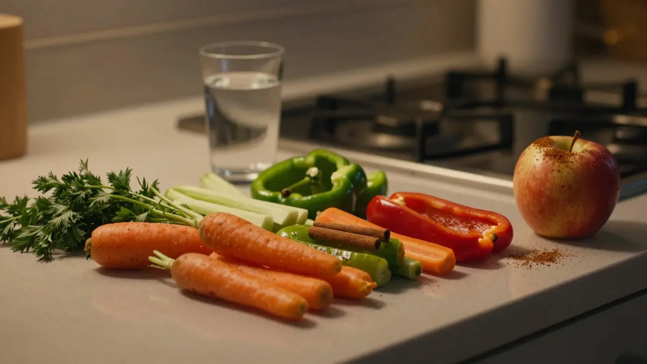 Gesunde Snacks wie Gemüsesticks und Äpfel auf einer Küchentheke bei warmer Beleuchtung für bewussten Genuss.