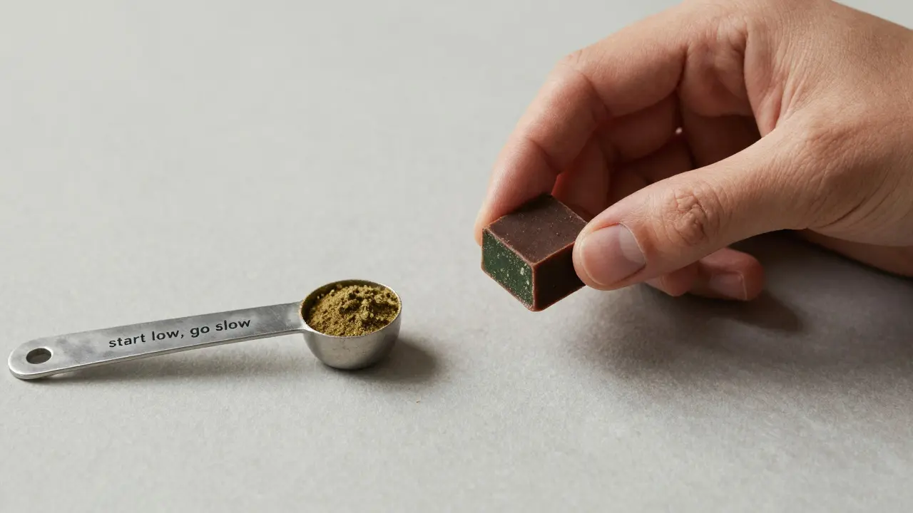 Hand hält ein kleines Stück Cannabis-Edible, Symbol für vorsichtige Dosierung