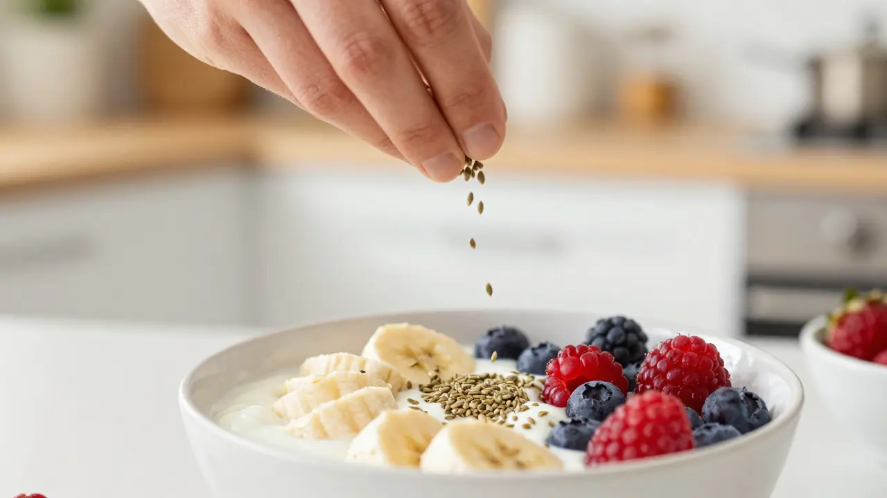 Hände streuen Hanfsamen über eine Joghurt-Frühstücksschüssel mit Beeren
