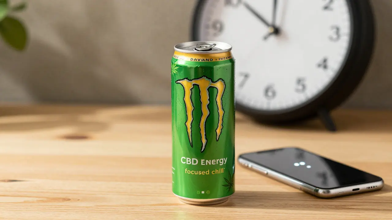 Hanf-Energy-Drink neben Handy mit langsame Tipp-Indikation