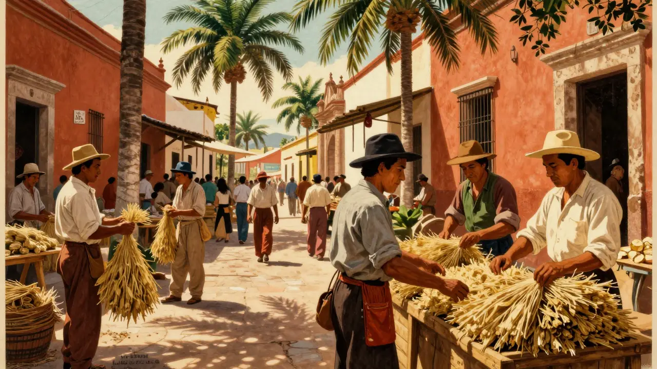 Historischer Markt in Lateinamerika mit Hanfhandel im Vintage-Stil