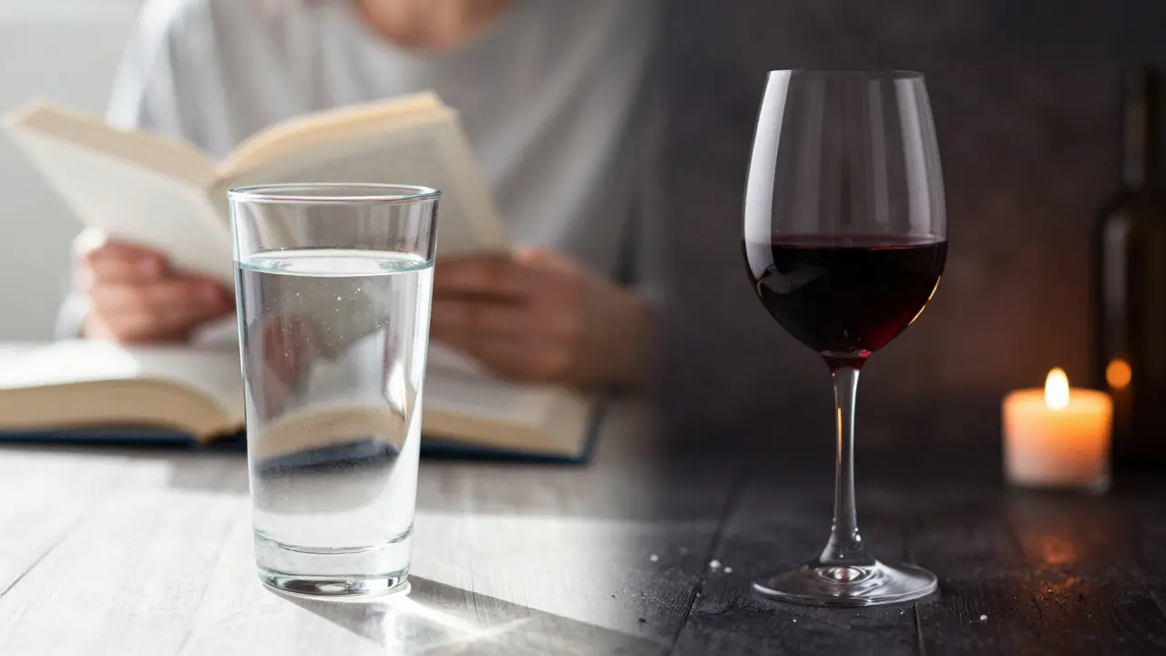Kontrast zwischen klarem CBD-Getränk und berauschendem Wein