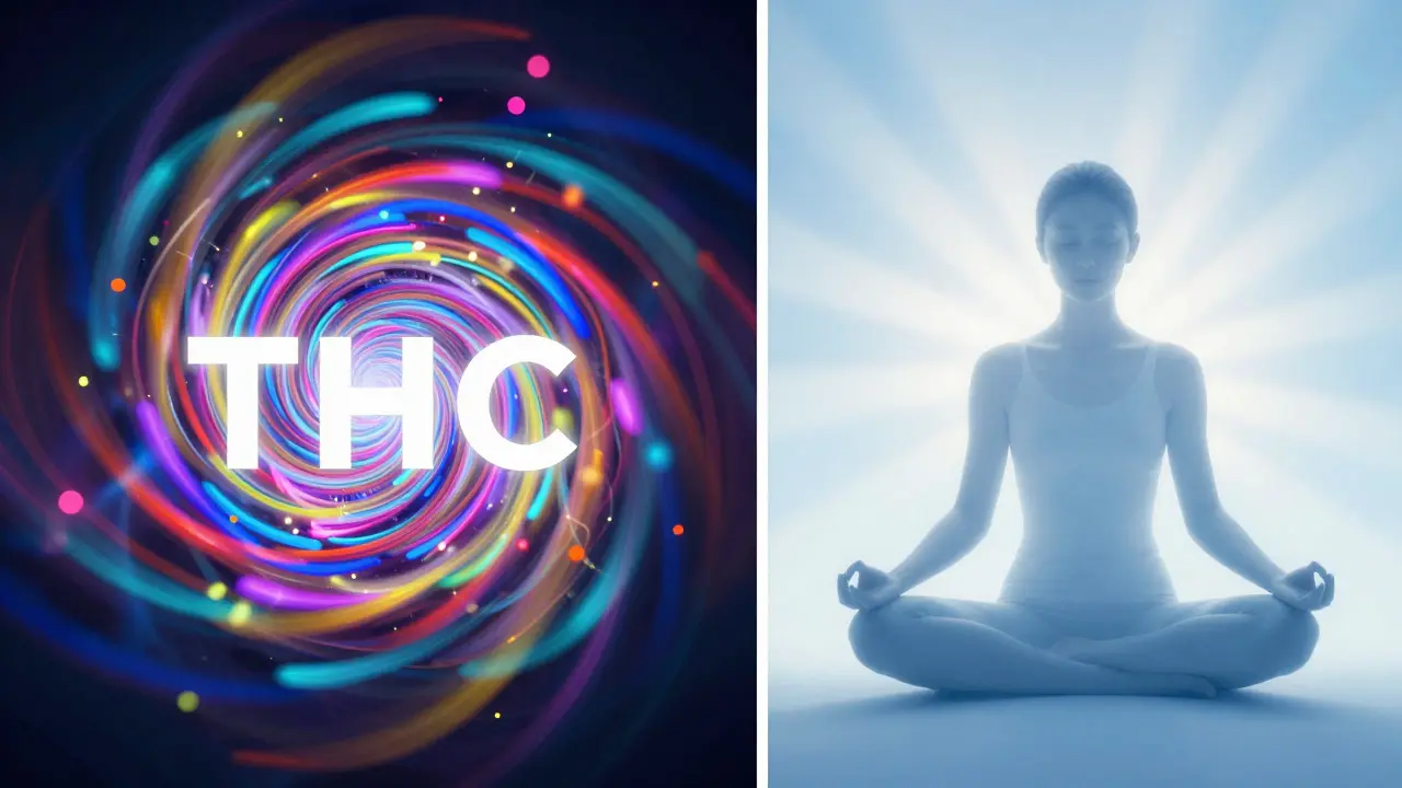 Konzeptionelle Darstellung: Chaotische THC-Wirkung links versus ruhige CBD-Entspannung rechts