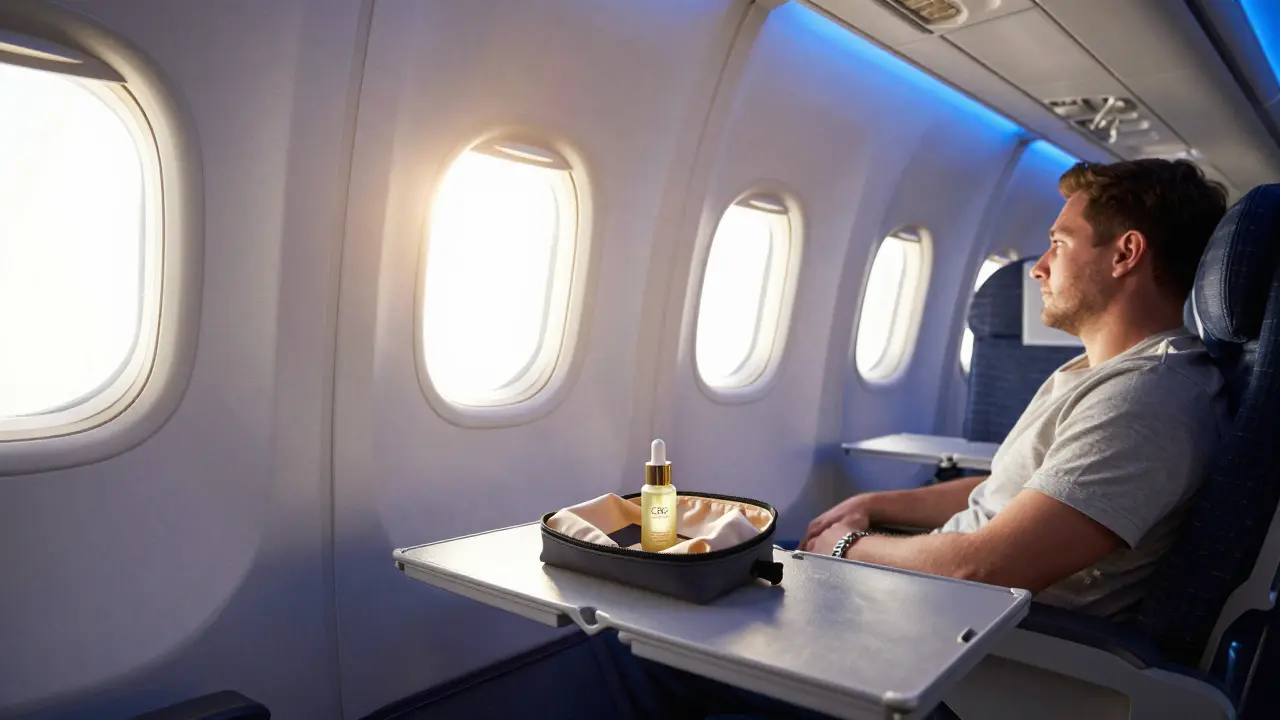 Passagier entspannt im Flugzeug mit CBG-Produkt auf dem Tablett