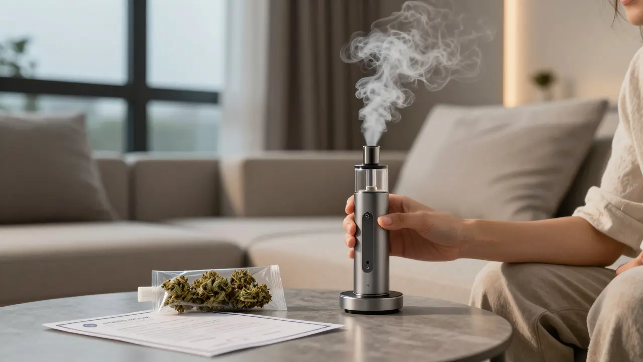 Person entspannt mit Vaporizer im modernen Wohnzimmer