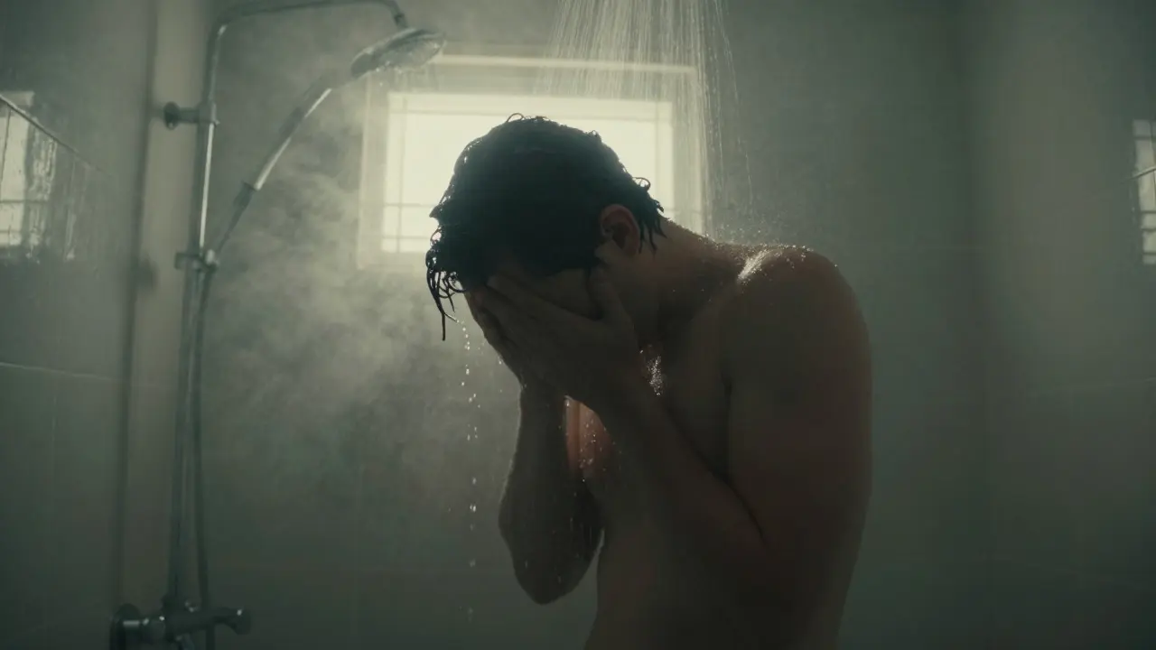 Person unter der Dusche zur Linderung von Übelkeit