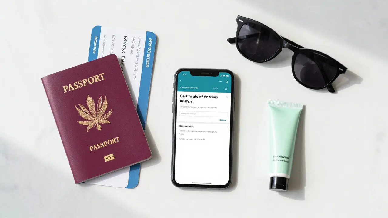 Reisedokumente und Laboranalyse auf dem Handy neben Kosmetikprodukten