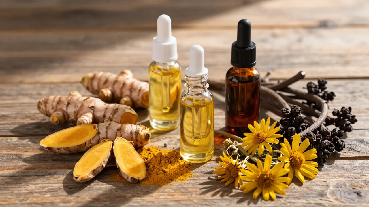 Turmeric, arnica, and devil's claw next to oil bottles