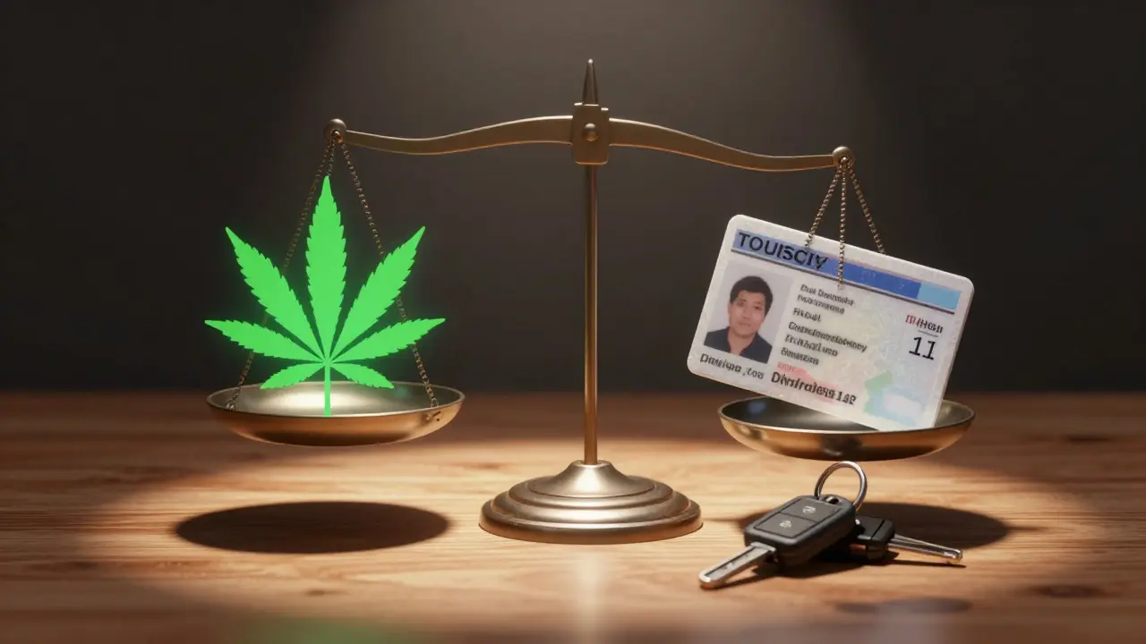 Waage mit Führerschein und Cannabissymbol zeigt Risiko an