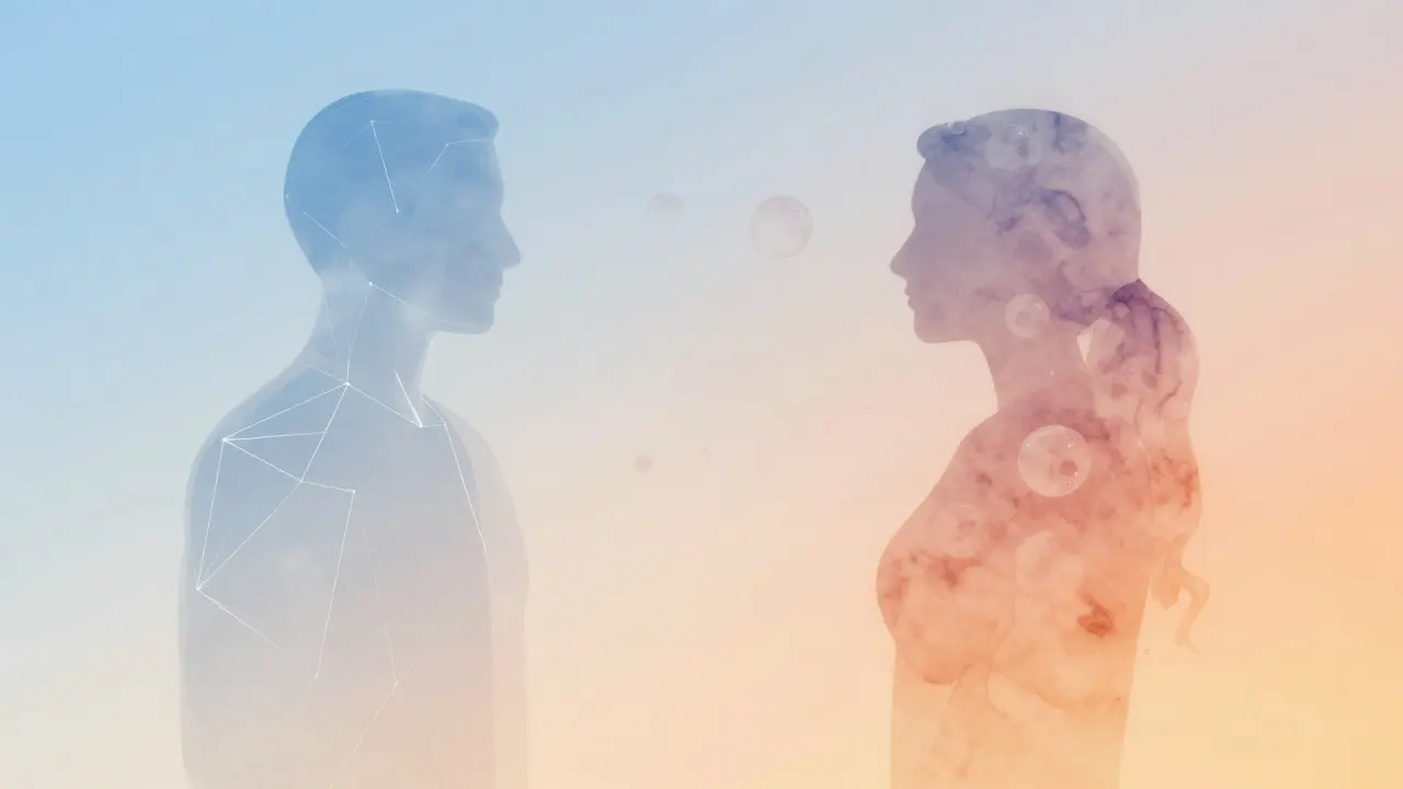 Abstract illustration contrasting a clear, structured figure with a soft, fluid figure