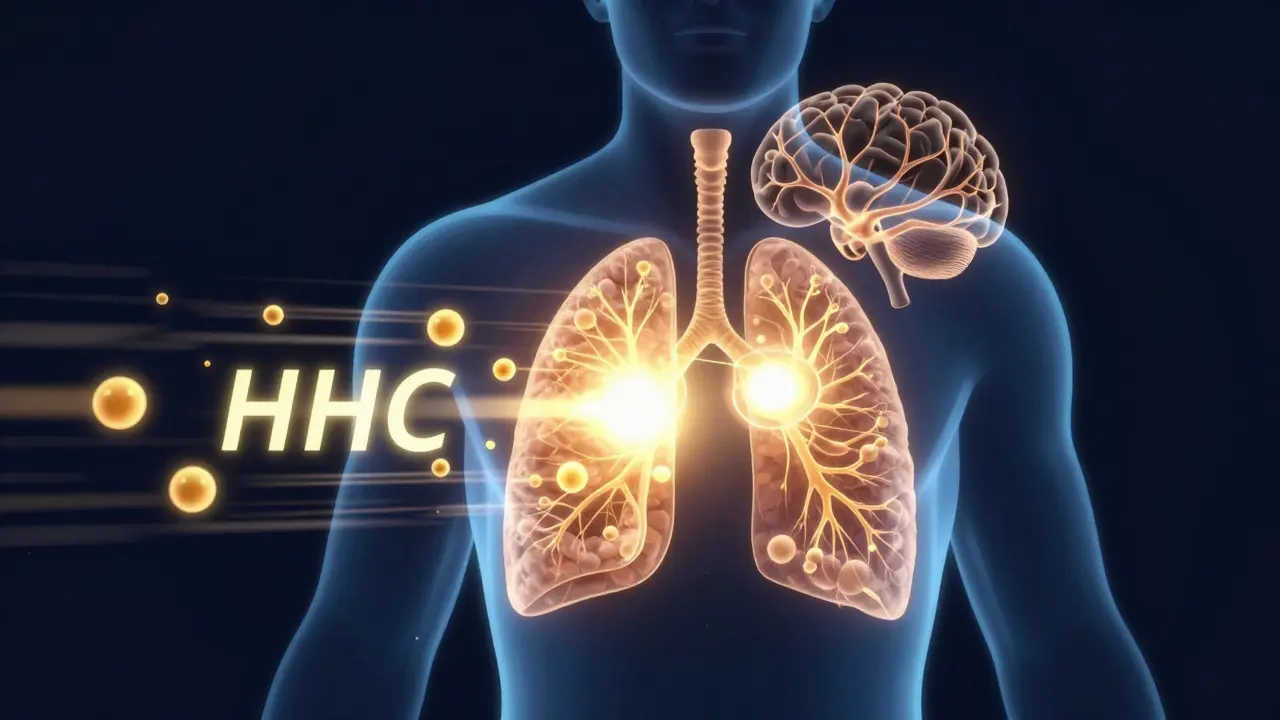 Abstract illustration of golden particles moving from lungs to brain inside a human silhouette