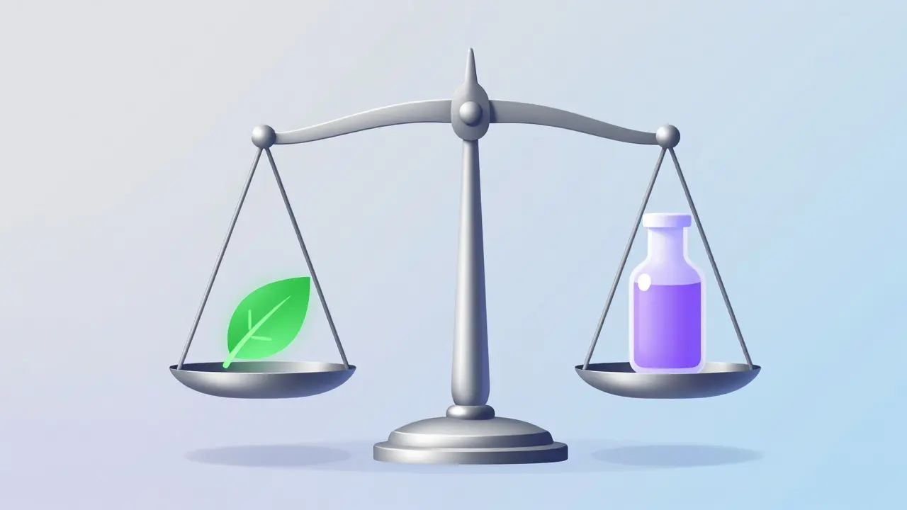 Abstrakte Waage, die Pflanze und synthetisches Molekül ausbalanciert
