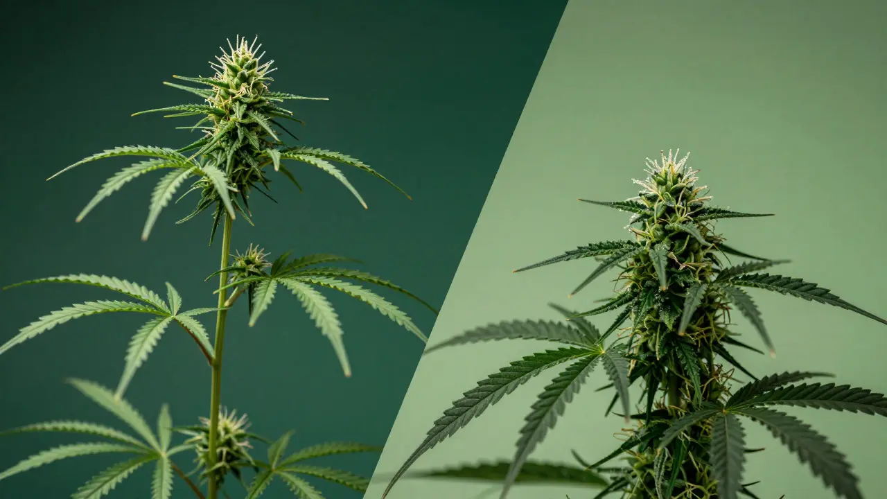 Close-up comparison of Sativa and Indica cannabis plant leaf structures