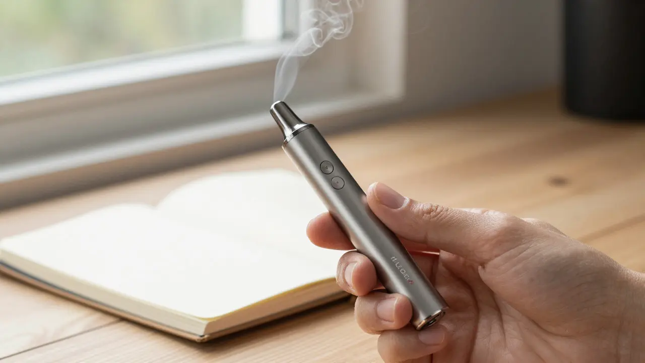 Close-up of a hand using a dry herb vaporizer near a notebook