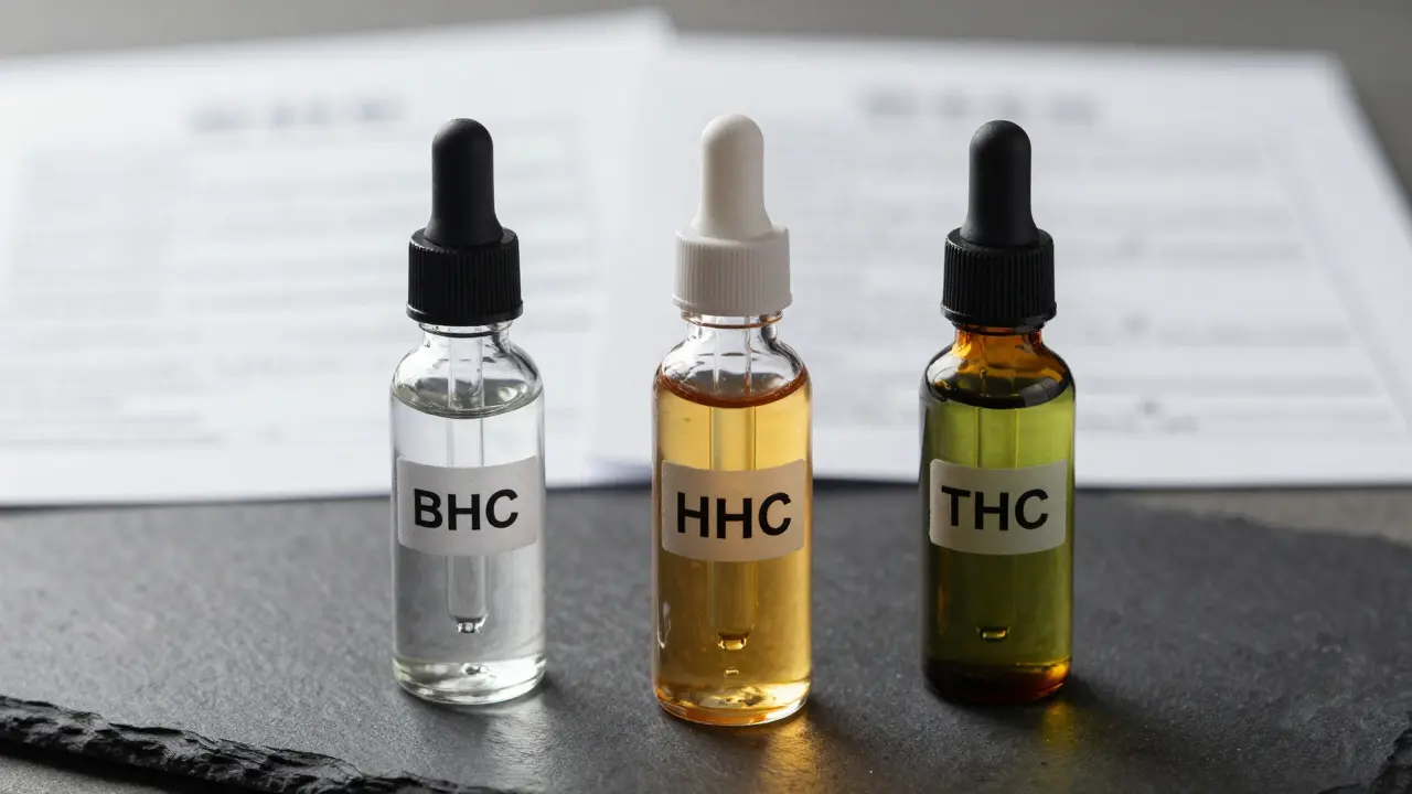 Drei Flaschen Cannabinoid-Öle auf dunklem Untergrund