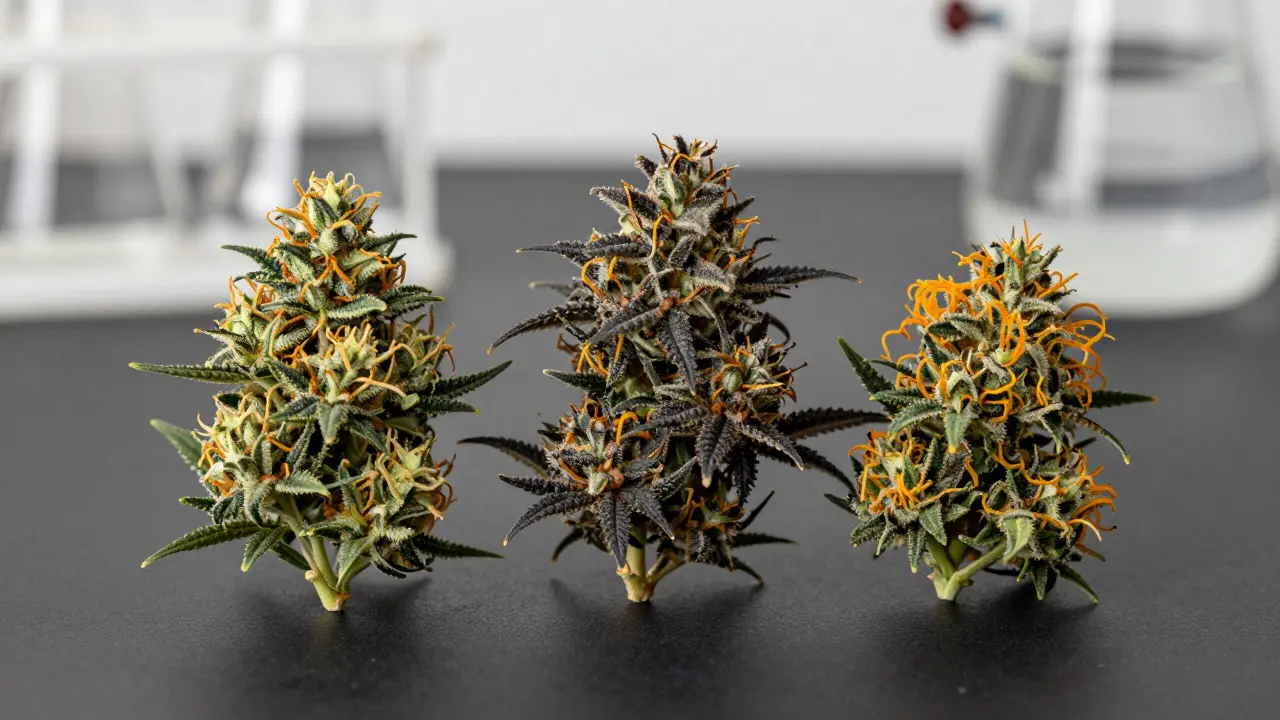 Drei verschiedene Cannabissorten auf schwarzem Hintergrund im Studio-Licht