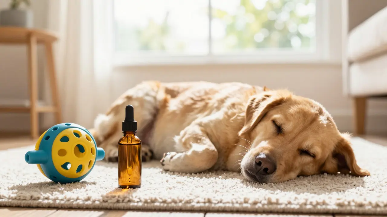 Entspannter Hund mit CBD-Öl und Spielzeug in einem sonnigen Zimmer