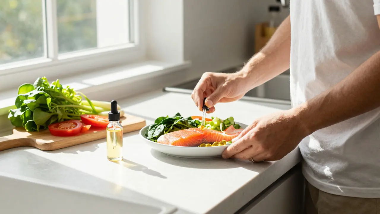 Gesunde Ernährung mit Gemüse und Fisch neben einer Flasche CBD-Öl