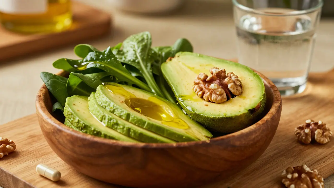 Gesunde Mahlzeit mit Avocado und Nüssen zur besseren Aufnahme von CBD-Kapseln.