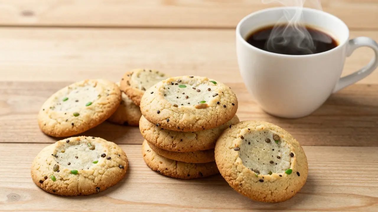 Haferkekse mit Hanfsamen und Kaffeetasse auf rustikalem Holztisch