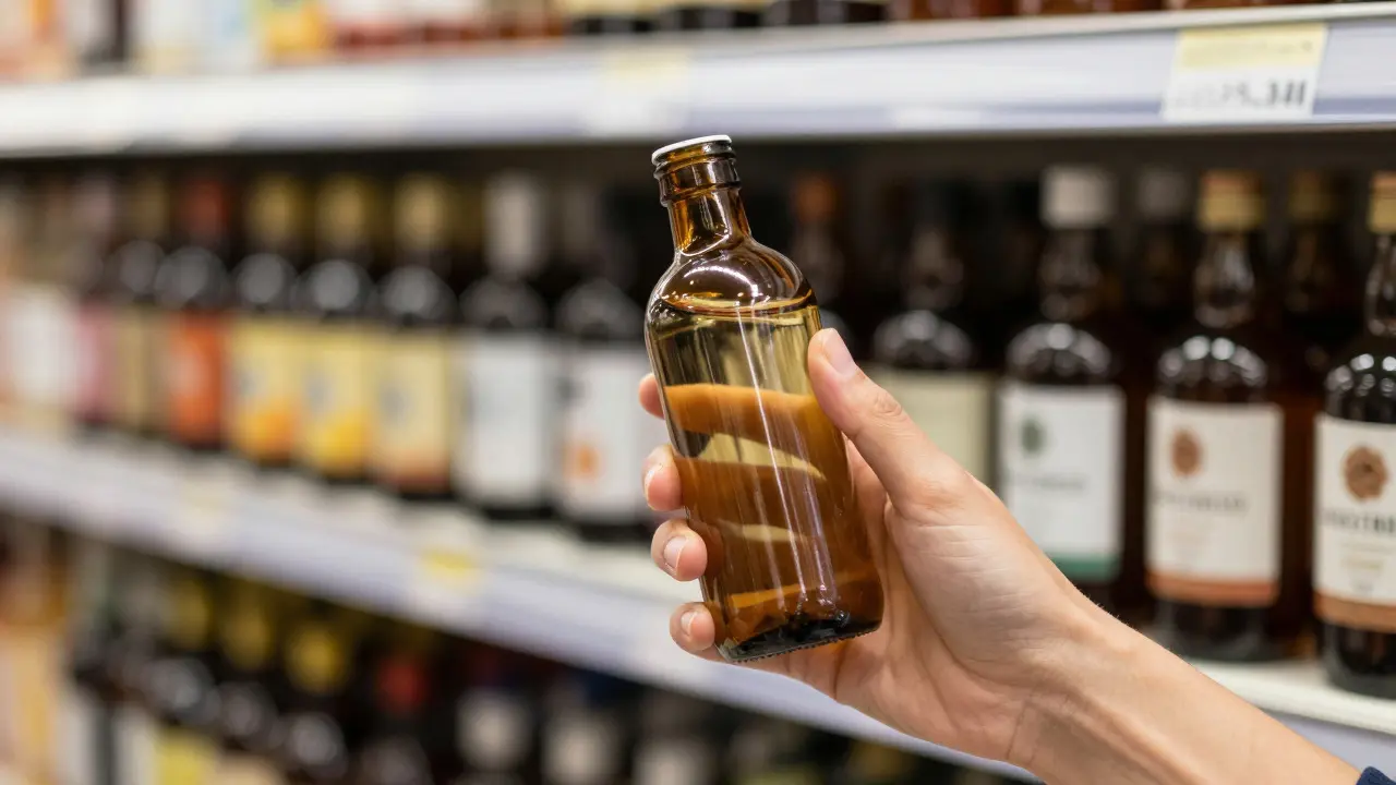 Hand hält eine unbeschriftete Glasflasche vor einem unscharfen Regal voller ähnlicher Produkte