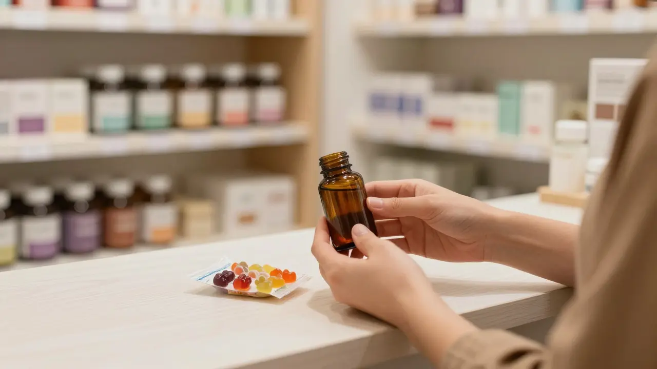 Hands inspecting a small bottle and gummy package on a clean counter in a shop