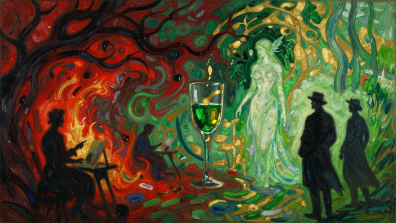 Impressionistische Darstellung der dualen Natur von Absinth als Teufel und Muse