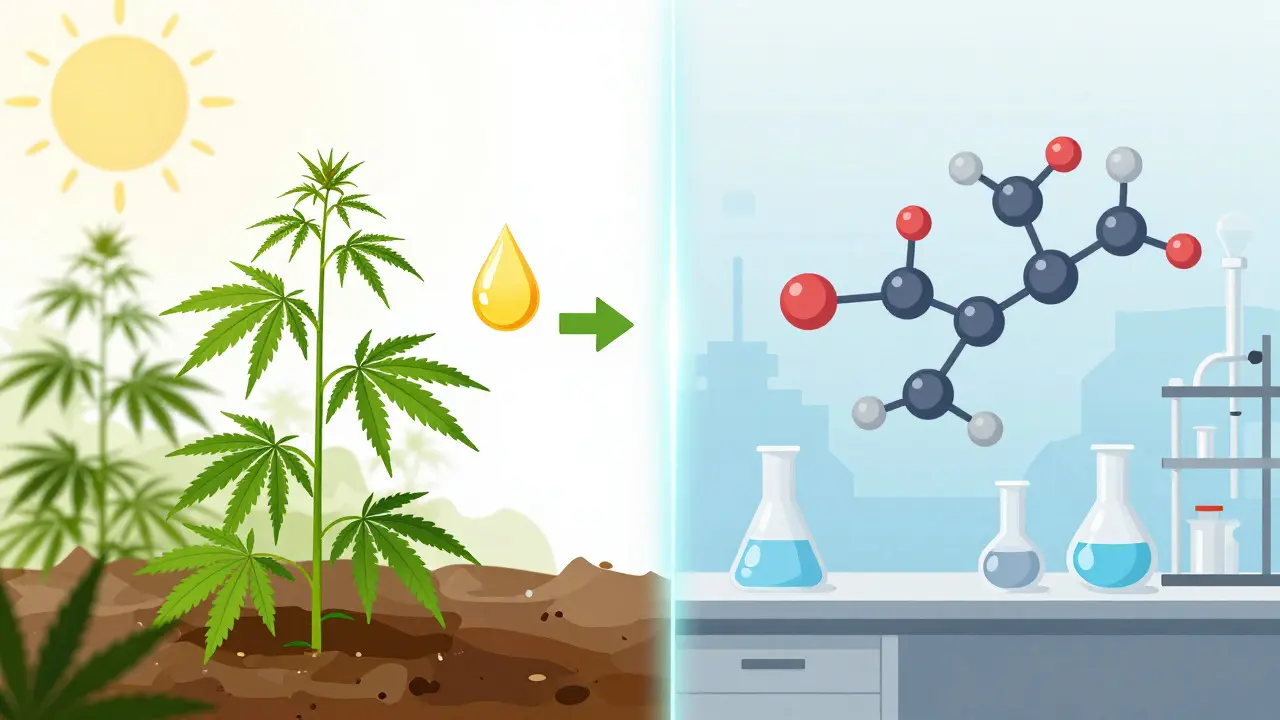 Konzeptionelle Illustration, die natürliche Hanfextraktion und synthetische Laborsynthese gegenüberstellt