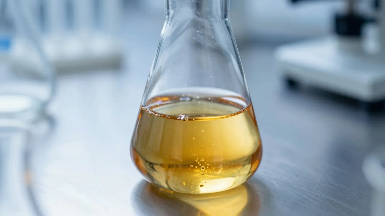 Laborflasche mit klarem goldenem Cannabinoid-Extrakt