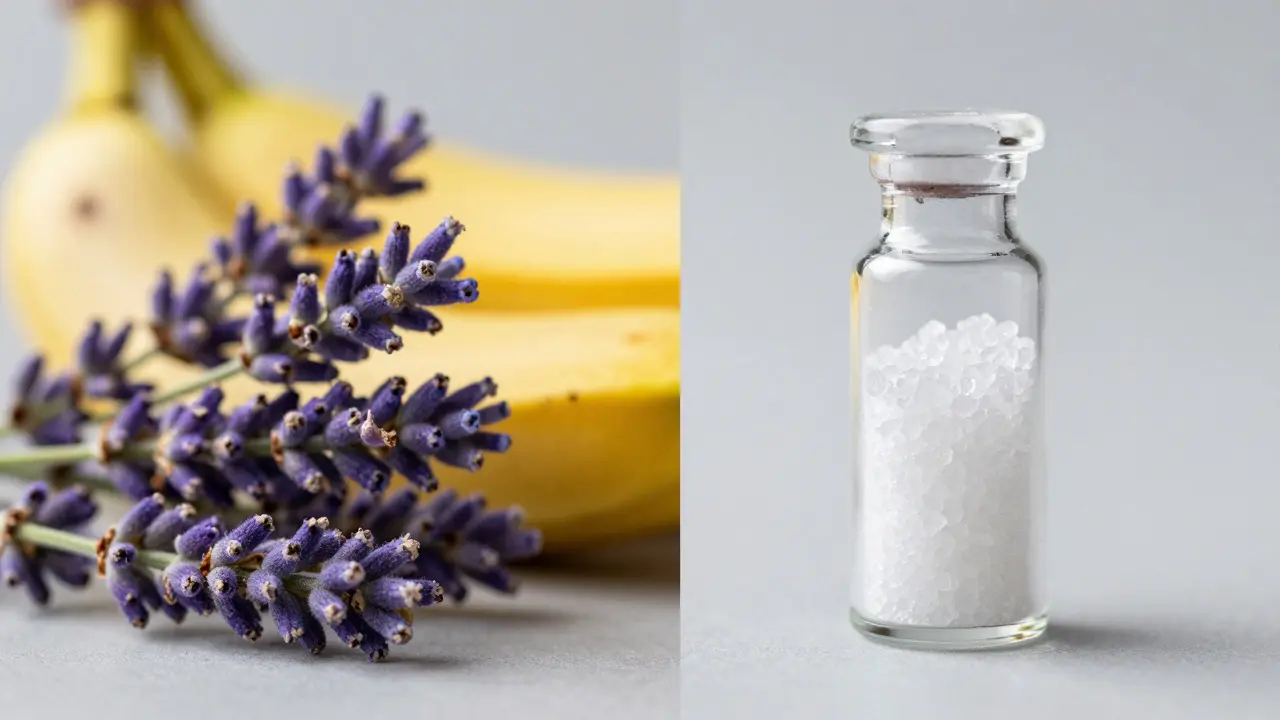 Lavendel und Bananen neben reiner CBD-Isolat-Kristallen