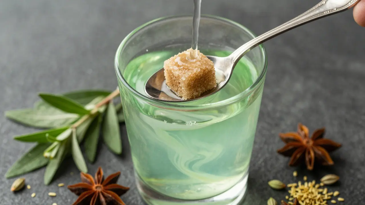 Nahaufnahme des Louche-Effekts beim Mischen von Absinth mit Wasser und Zucker