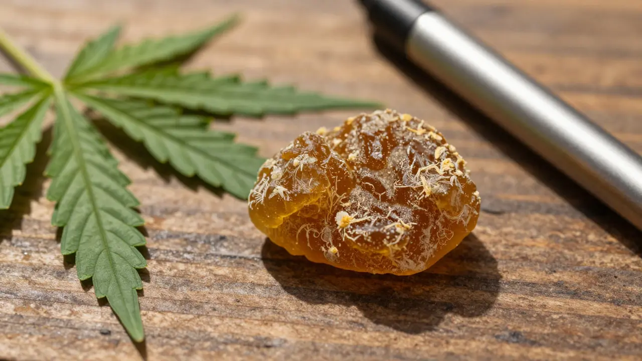 Nahaufnahme von CBD-Hash neben Hanfblättern und Vaporizer