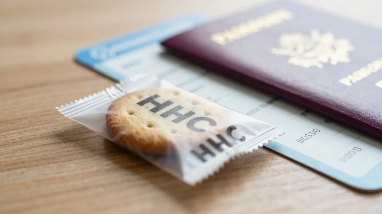Nahaufnahme von HHC-Cookies neben Reisepass und Bordkarte bei Tageslicht