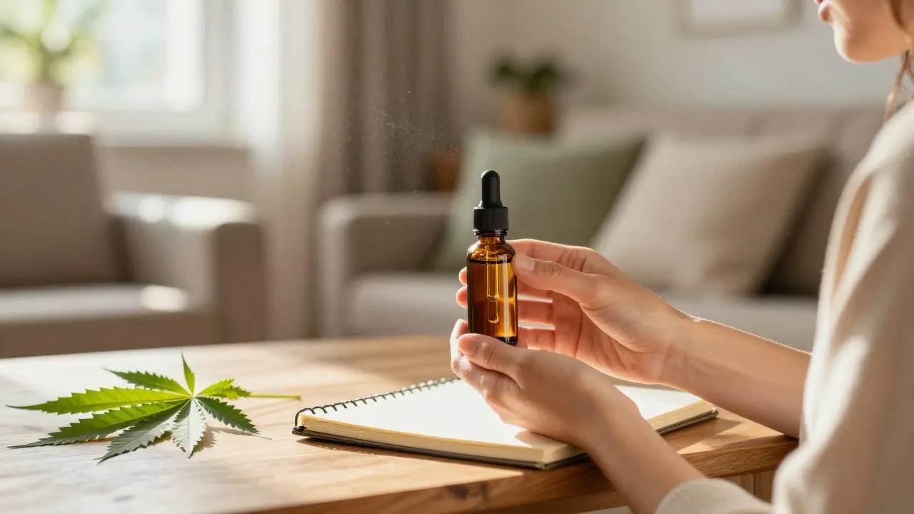 Person entspannt zu Hause mit einer Flasche CBD-Öl bei Sonnenlicht