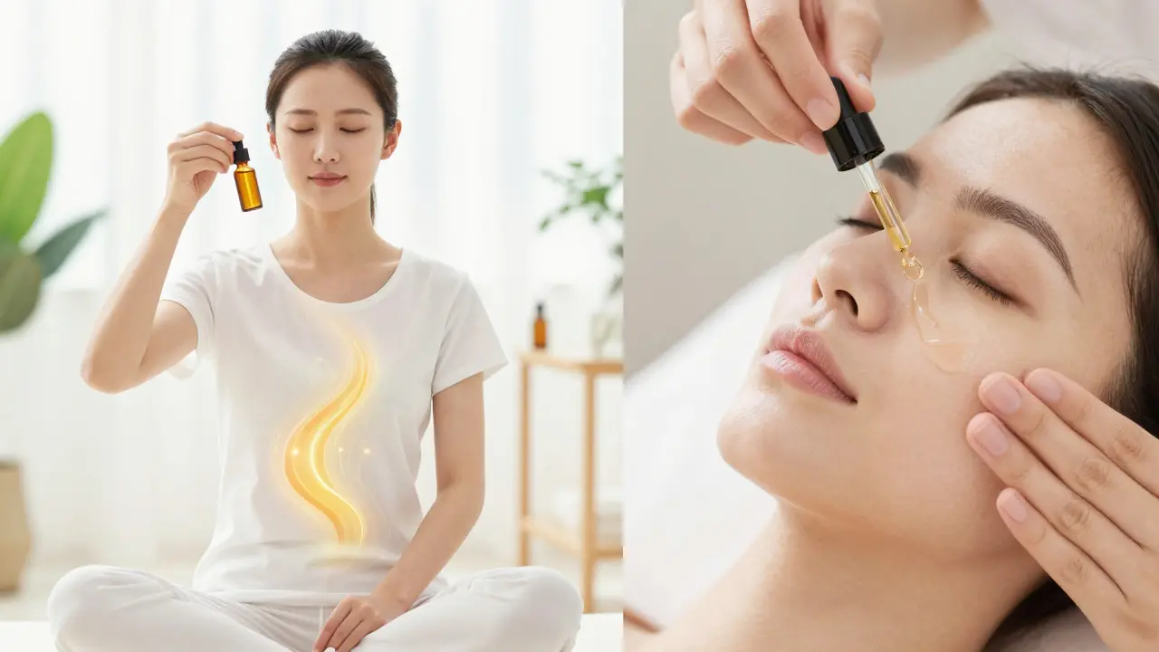 Person mit Öltropferflasche und Gesichtspflege, Symbol für innere und äußere Gesundheit