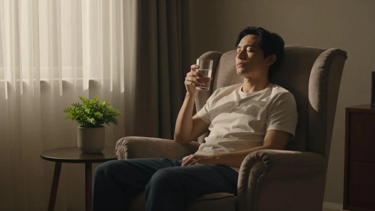 Person relaxing in an armchair holding water in a sunlit, calm room