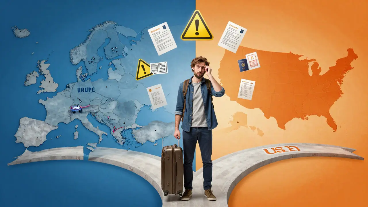 Reisender vor Karte Europas und USA mit Rechtsfragen